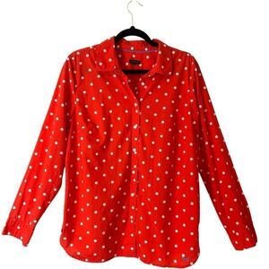 Talbots L red orange & white polka dot cotton button up collared shirt